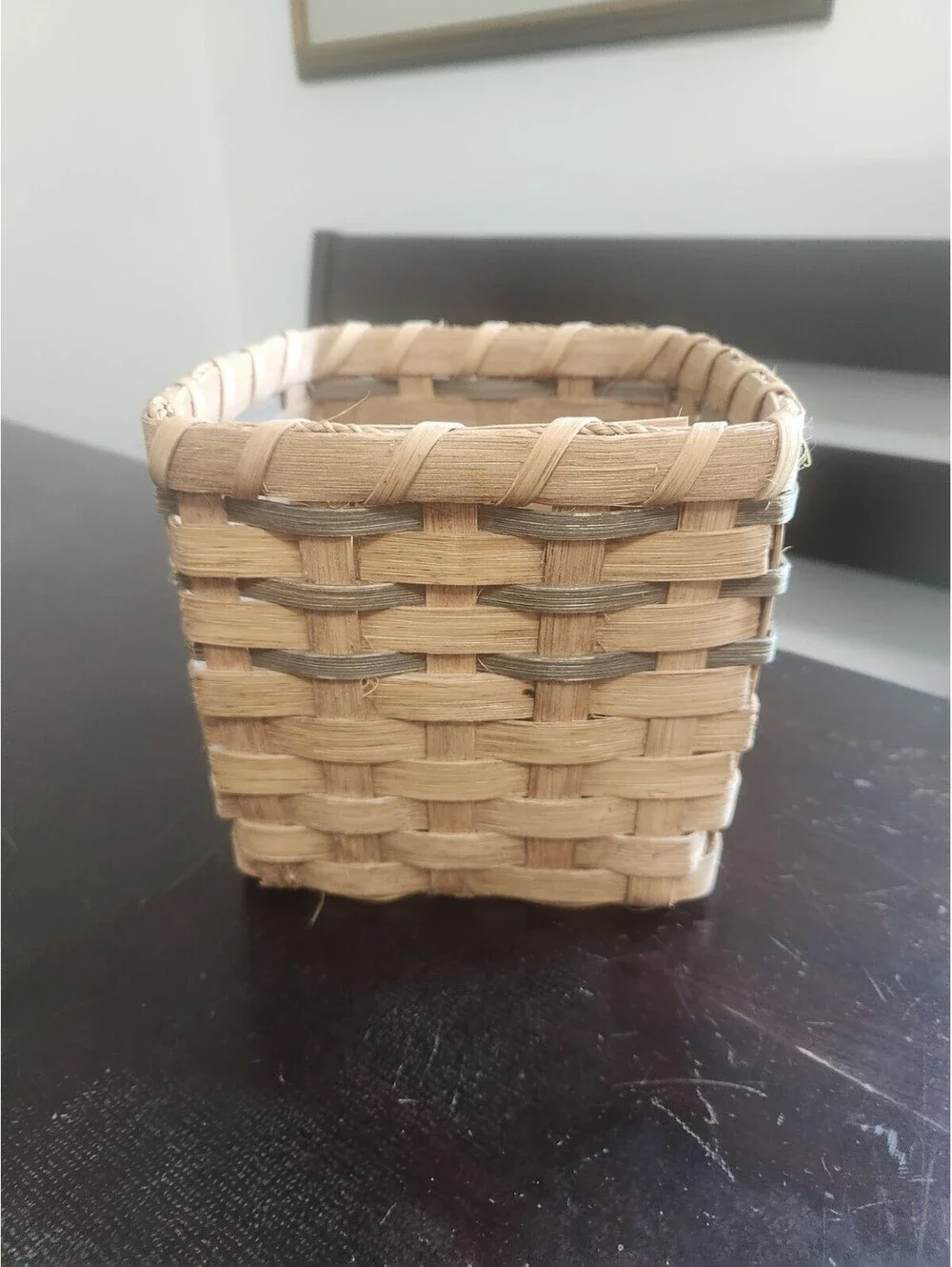 Small Square Beige Wicker Basket, Rustic Basket Weave, Non-Lidded Decor